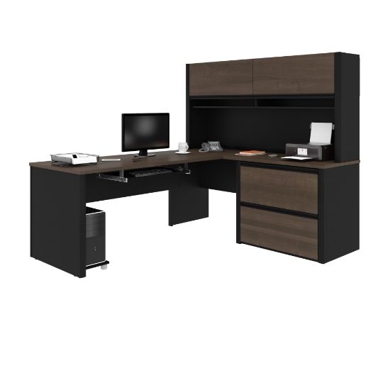 Picture of Bestar Connexion 72inW L-Shaped Corner Desk With Hutch And Lateral File Cabinet, Antigua/Black