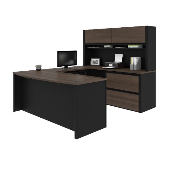 Picture of Bestar Connexion 72inW U-Shaped Executive Computer Desk With Lateral File Cabinet And Hutch, Antigua/Black