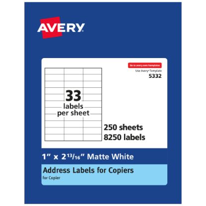 Picture of Avery Copier Permanent Address Labels, 5332, 1in x 2 13/16in, White, Pack Of 8,250