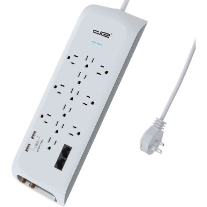 Picture of Digital Energy World 12-Outlet Surge Protector Power Strip with 2 USB Ports (White, 6-Foot Cord) - 12 x AC Power, 2 x USB - 1875 VA - 4200 J - 120 V AC Input - Coaxial, Ethernet, Phone/Modem - 6 ft