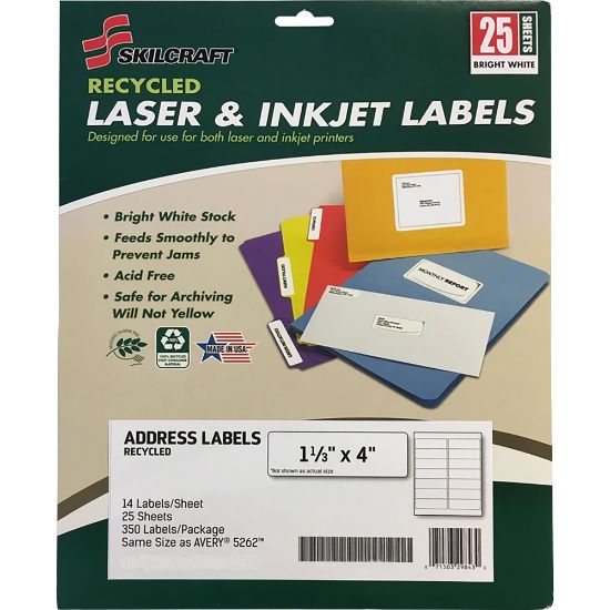 Picture of SKILCRAFT Recycled Address Labels - 1 21/64in Width x 4in Length - Rectangle - Laser, Inkjet - White - Paper - 14 / Sheet - 350 / Pack - TAA Compliant