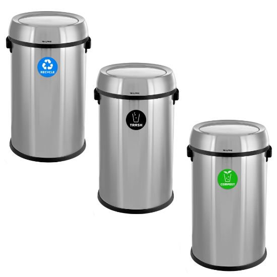 Picture of Alpine Industries Stainless Steel Indoor Recycling, Trash And Compost Bins With Swivel Lids, 17 Gallons, Silver, Pack Of 3 Bins