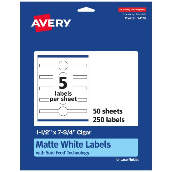 Picture of Avery Permanent Labels With Sure Feed, 94118-WMP50, Cigar, 1-1/2in x 7-3/4in, White, Pack Of 250