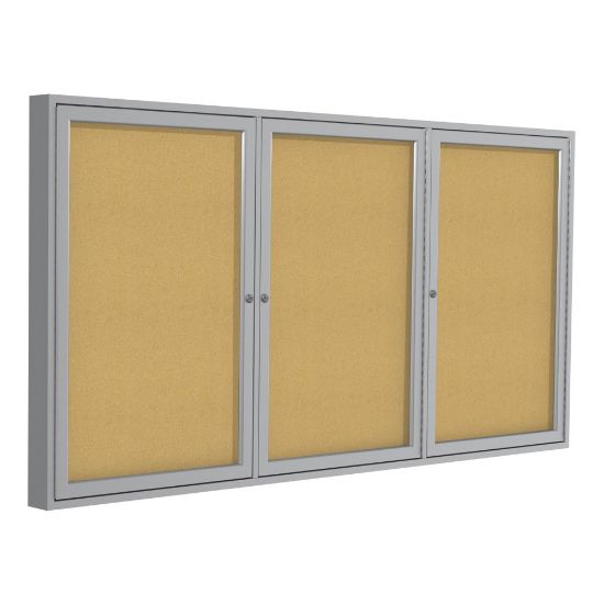 Picture of Ghent 3-Door Enclosed Cork Bulletin Board, 48in x 96in, Natural, Satin Aluminum Frame