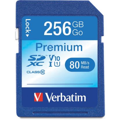 Picture of Verbatim 256GB Premium SDXC Memory Card, UHS-I V10 U1 Class 10 - 90 MB/s Read - Lifetime Warranty