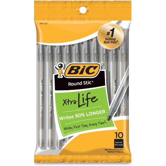 Picture of BIC Round Stic Xtra Life Ballpoint Pens, Medium Point, 1.0 mm, Translucent Black Barrels, Black Ink, Pack Of 10 Pens