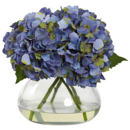 Picture of Nearly Natural Blooming Hydrangea 9inH Large Plastic Floral Arrangement With Vase, 9inH x 10inW x 8inD, Blue