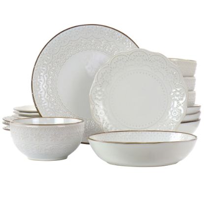 Picture of Elama Countess 16-Piece Embossed Double Bowl Stoneware Dinnerware Set, Ivory