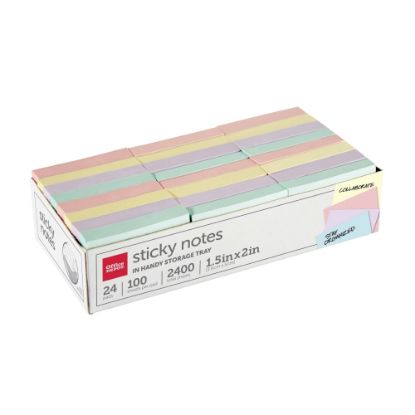 Picture of Office Depot Brand Sticky Notes, With Storage Tray, 1-1/2in x 2in, Assorted Pastel Colors, 100 Sheets Per Pad, Pack Of 24 Pads