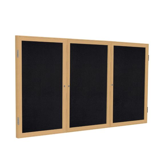 Picture of Ghent 3 Door Enclosed Recycled Rubber Bulletin Board, Oak Wood Frame, 48inH x 72inW, Black