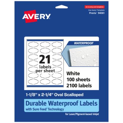 Picture of Avery Waterproof Permanent Labels With Sure Feed, 94061-WMF100, Oval Scalloped, 1-1/8in x 2-1/4in, White, Pack Of 2,100