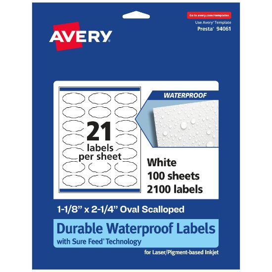 Picture of Avery Waterproof Permanent Labels With Sure Feed, 94061-WMF100, Oval Scalloped, 1-1/8in x 2-1/4in, White, Pack Of 2,100