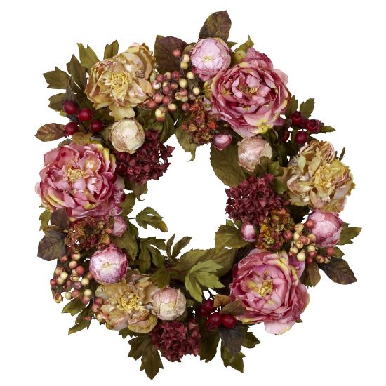 Picture of Nearly Natural Polyester Peony Hydrangea Wreath, 24in, Autumn