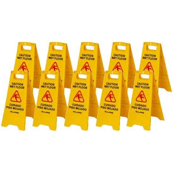 Picture of Alpine Industries Multilingual Caution Wet Floor Signs, 24-5/8in x 11-13/16in, Yellow, Pack Of 10 Signs