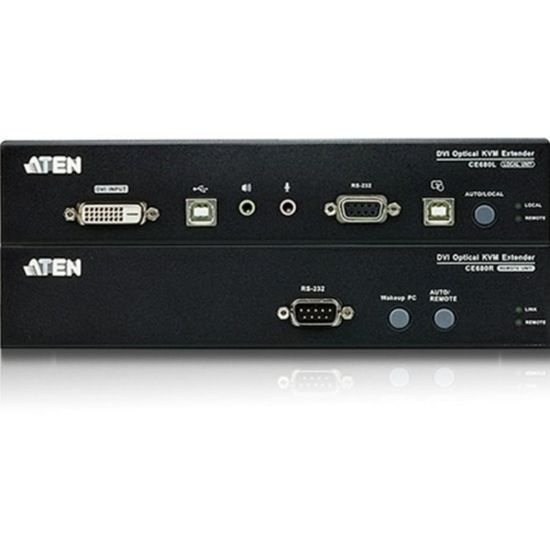 Picture of ATEN Long Distance DVI Optical KVM Extender-TAA Compliant - 1 Computer(s) - 1 Local User(s) - 1 Remote User(s) - 65616.80 ft Range - WUXGA - 1920 x 1200 Maximum Video Resolution - 8 x USB - 3 x DVI - 5.3 V DC Input Voltage - Rack-mountable