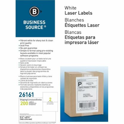 Picture of Business Source Shipping Labels - 5 1/2in Width x 8 1/2in Length - Permanent Adhesive - Rectangle - Laser, Inkjet - White - 2 / Sheet - 100 Total Sheets - 200 / Box - Lignin-free, Jam-free, Smudge Resistant