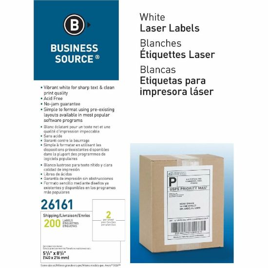 Picture of Business Source Shipping Labels - 5 1/2in Width x 8 1/2in Length - Permanent Adhesive - Rectangle - Laser, Inkjet - White - 2 / Sheet - 100 Total Sheets - 200 / Box - Lignin-free, Jam-free, Smudge Resistant