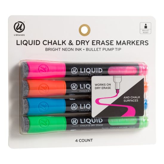 Picture of U Brands Liquid Chalk Markers, Bullet Tip, Black Barrel, Assorted Ink, Pack Of 4 Markers