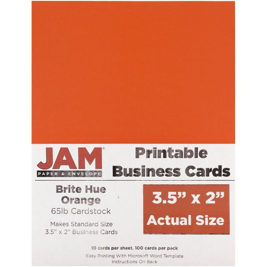 Picture of JAM Paper Printable Business Cards, 3 1/2in x 2in, Orange, 10 Cards Per Sheet, Pack Of 10 Sheets