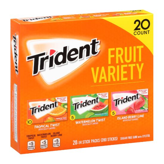 Picture of Trident Sugar-Free Gum, Fruit, 14 Pieces Per Pack, Case Of 20 Packs