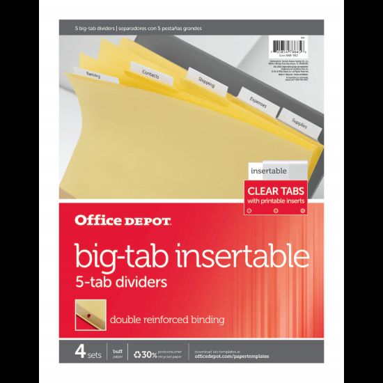 Picture of Office Depot Brand Insertable Dividers With Big Tabs, Buff, Clear Tabs, 5-Tab, Pack Of 4 Sets