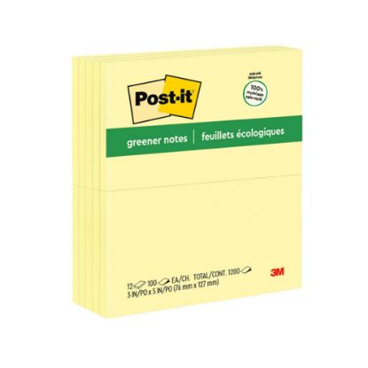 Picture of Post-it Greener Notes, 3in x 5in, Canary Yellow, Pack Of 12 Pads