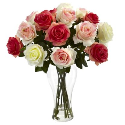 Picture of Nearly Natural Blooming Roses 18inH Plastic Floral Arrangement With Vase, 18inH x 13inW x 13inD, Multicolor