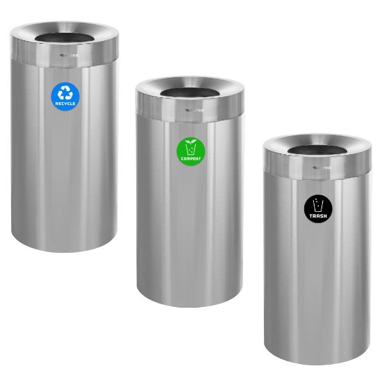 Picture of Alpine Industries Stainless Steel Compost Bin, Recycling Can And Trash Receptacle, 27 Gallons, Silver, Set Of 3 Receptacles