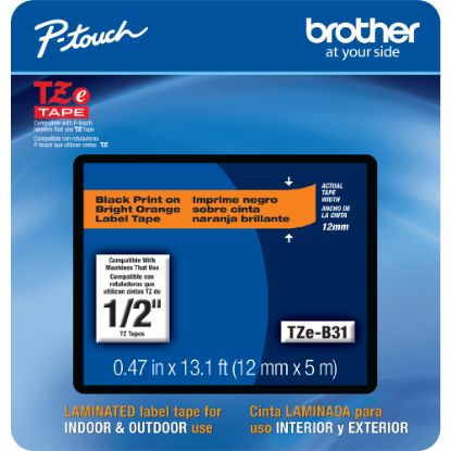 Picture of Brother TZEB31CS Genuine P-Touch Laminated Label Tape, 1/2in x 13-1/8ft, Black/Fluorescent Orange