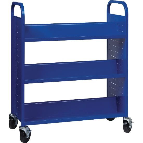 Picture of Lorell Double-sided Book Cart - 6 Shelf - Round Handle - 5in Caster Size - Steel - 38in Width x 18in Depth x 46.3in Height - Blue