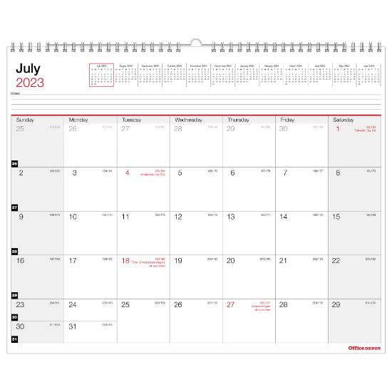 Picture of 2023-2024 Office Depot Brand Monthly Academic Wall Calendar, 15in x 12in, 30% Recycled, July 2023 to June 2024