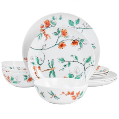 Picture of Martha Stewart 12-Piece Dragonfly Melamine Dinnerware Set, White