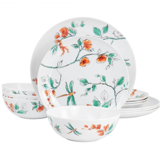 Picture of Martha Stewart 12-Piece Dragonfly Melamine Dinnerware Set, White