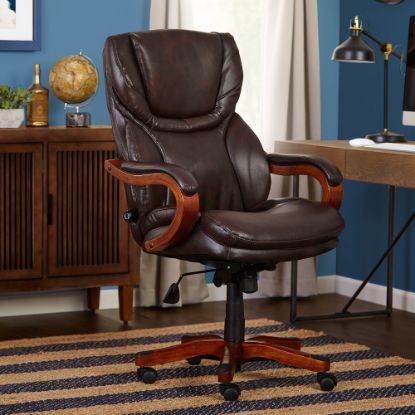 Picture of Serta Big & Tall Bonded Leather High-Back Office Chair With Wood Accents, Biscuit/Espresso