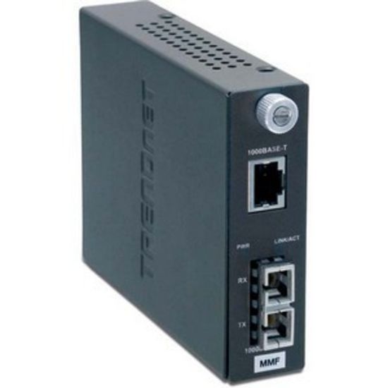 Picture of TRENDnet Intelligent 1000Base-T to 1000Base-SX Multi-Mode SC Fiber Media Converter, Up to 550M (1800 ft), Fiber to Ethernet Converter, 2Gbps Switching Capacity, Lifetime Protection, Black, TFC-1000MSC - 1000Base-T to 1000Base-SX SC-type Fiber Converter