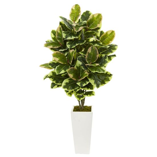 Picture of Nearly Natural 4ftH Plastic Variegated Rubber Leaf Plant With Tower Vase, Green/White