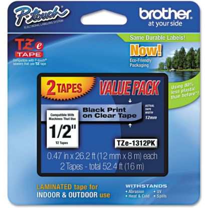 Picture of Brother TZe-1312-PK Black-On-Clear Tapes, 0.5in x 26.2ft, Pack Of 2