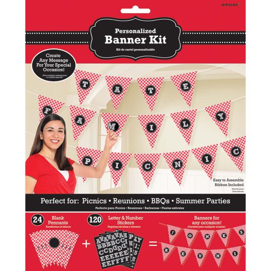 Picture of Amscan Summer Picnic Personalizable Gingham Pennant Banners, 10-1/2in x 312in, Red, Pack Of 2 Banners