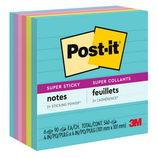 Picture of Post-it Super Sticky Notes, 4 in x 4 in, 6 Pads, 90 Sheets/Pad, 2x the Sticking Power, Supernova Neons Collection, Lined