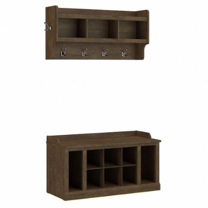 Picture of Bush Furniture Woodland 40inW Shoe Storage Bench With Shelves And Wall-Mounted Coat Rack, Ash Brown, Standard Delivery