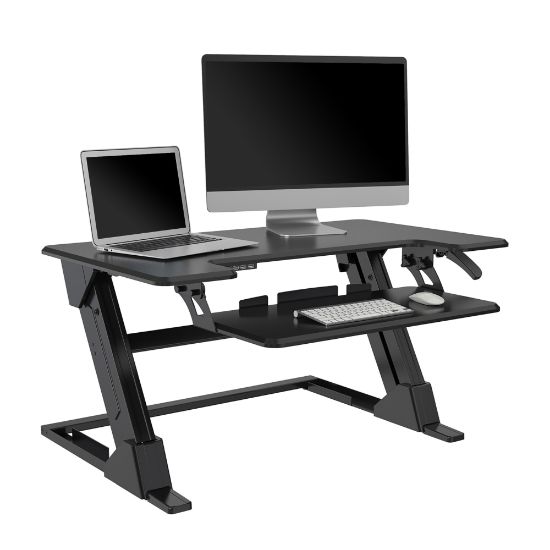 Picture of Realspace P20 Standing Desk Converter With USB And Keyboard Tray, 19-3/10inH x 35-2/5inW x 23-1/5inD, Black