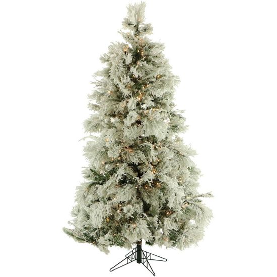 Picture of Fraser Hill Farm Flocked Snowy Pine Christmas Tree, 6 1/2ft x 50in Diameter, With Clear LED String Lighting