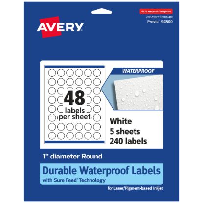 Picture of Avery Waterproof Permanent Labels With Sure Feed, 94500-WMF5, Round, 1in Diameter, White, Pack Of 240