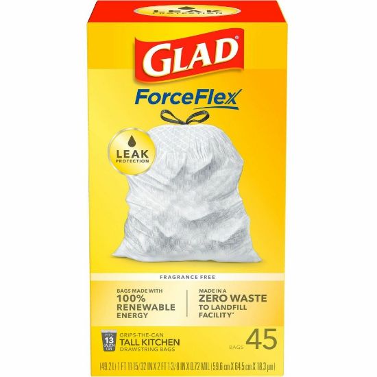 Picture of Glad ForceFlex Tall Kitchen Drawstring Trash Bags - 13 gal Capacity - 24in Width x 27in Length - 1 mil (25 Micron) Thickness - Drawstring Closure - White - Plastic - 45/Box - Kitchen, School, Office, Restaurant, Breakroom, Waste Disposal