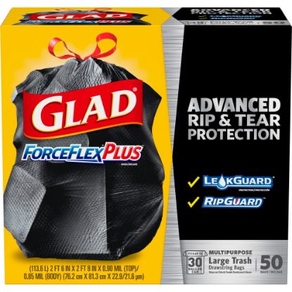 Picture of Glad ForceFlexPlus Drawstring Large Trash Bags - Large Size - 30 gal - 0.90 mil (23 Micron) Thickness - Black - 50/Box - Home, Garbage, Office, Commercial, Restaurant