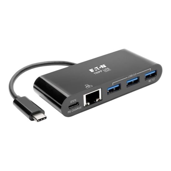 Picture of Eaton Tripp Lite series 3-Port USB C hub w/ Gigabit ethernet GbE, USB-C Charging USB Type C USB-C USB 3.1 Hub - Hub - 3 x SuperSpeed USB 3.0 + 1 x USB 3.1 + 1 x 1000Base-T - desktop