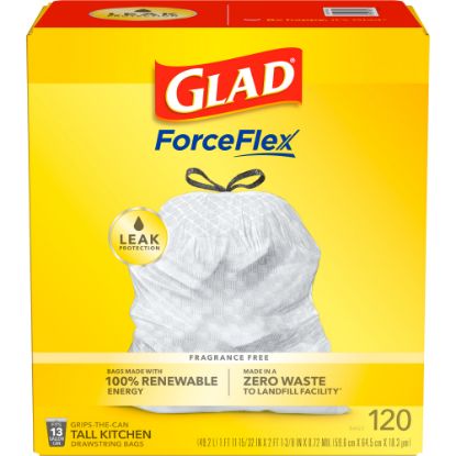 Picture of Glad ForceFlex Tall Kitchen Drawstring Trash Bags, 13 Gallon, White, Box of 120 Bags