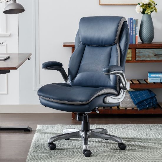 Picture of Serta Smart Layers Brinkley Ergonomic Bonded Leather High-Back Executive Office Chair, Navy/Silver