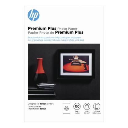 Picture of HP Premium Plus Photo Paper for Inkjet Printers, Soft Gloss, 4in x 6in, 80 Lb., Pack Of 100 Sheets (CR666A)