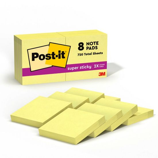 Picture of Post-it Super Sticky Notes, 1 7/8 in x 1 7/8 in, 8 Pads, 90 Sheets/Pad, 2x the Sticking Power, Canary Yellow